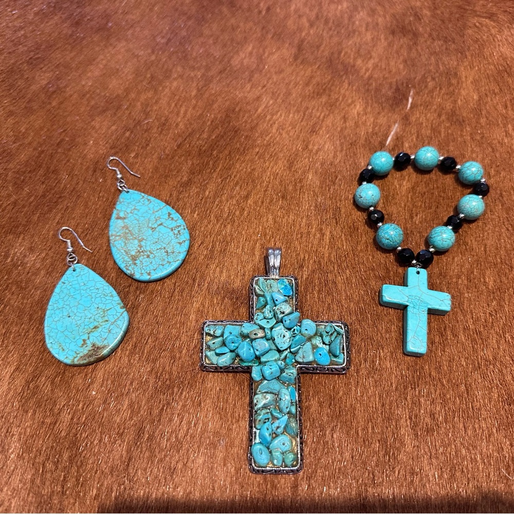 Beautiful blue stone set: earrings, necklace piece, and bracelet